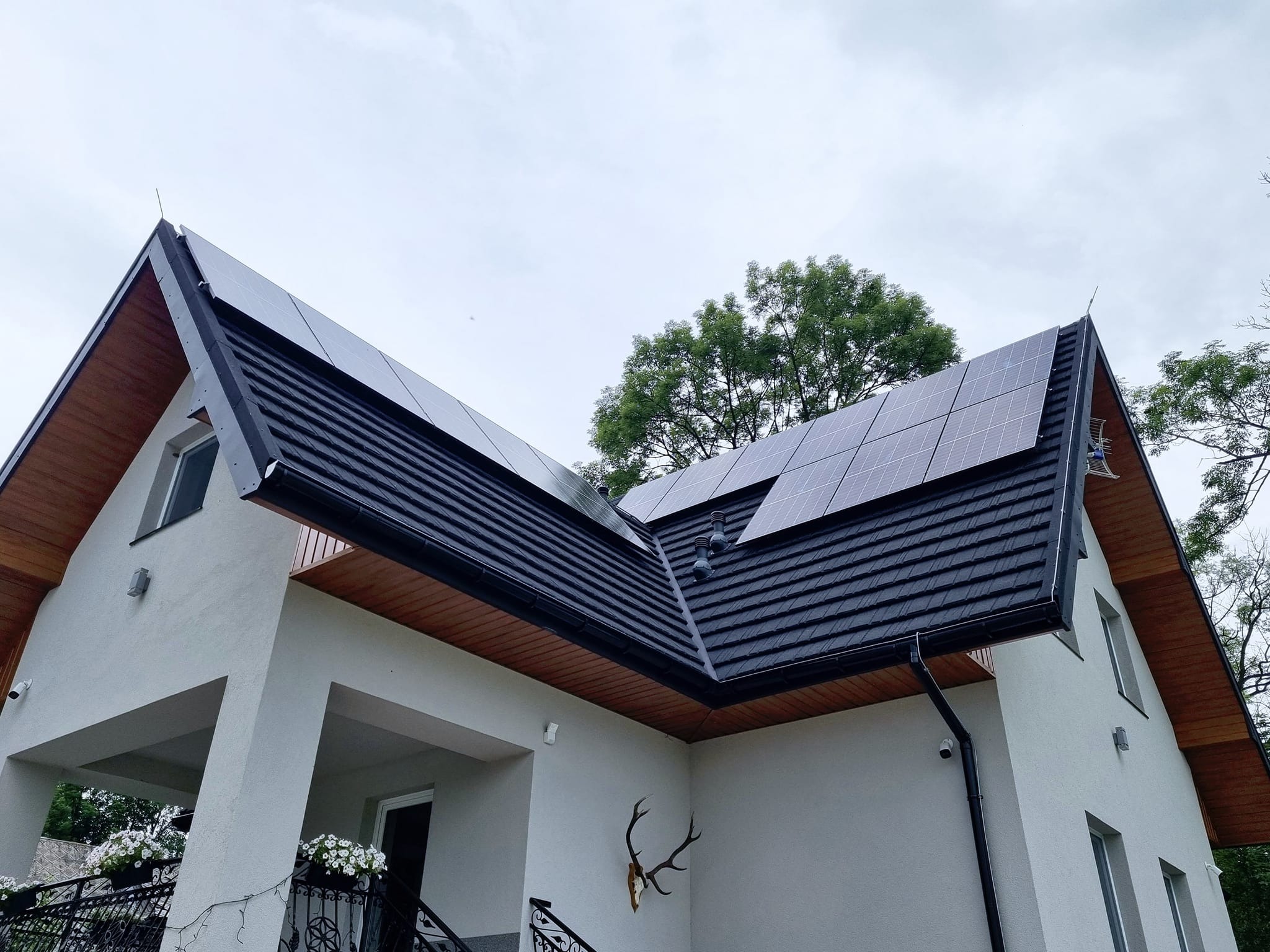 Dwuspadowy dach pokryty czarną dachówką z zamontowanymi panelami słonecznymi; biała elewacja budynku z porożem jelenia na ścianie.