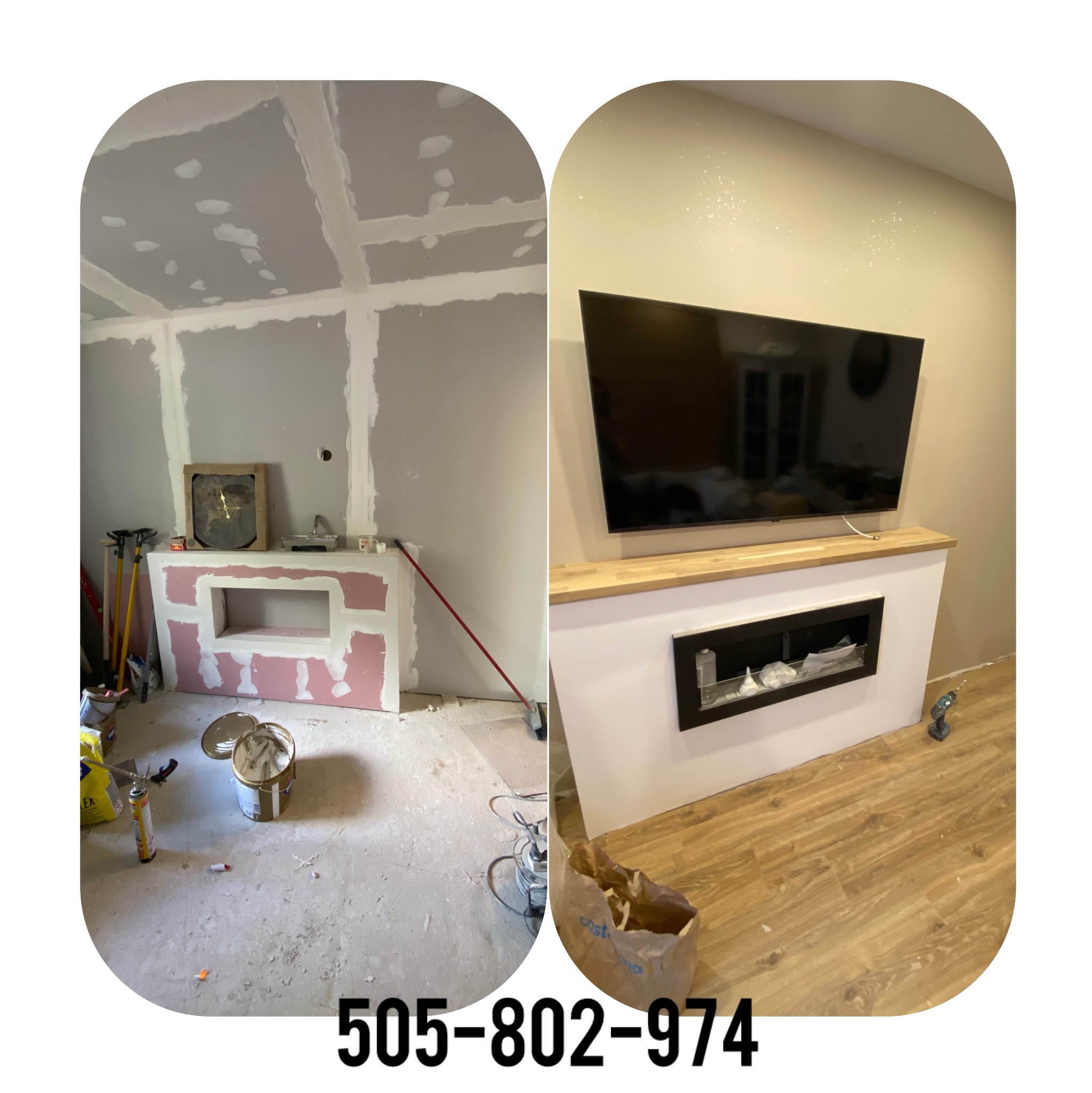 Remont pokoju: ściany z płyt gips-karton, szpachlowanie i wykończona ściana z TV i kominkiem elektrycznym. Widok przed i po remoncie. Na podłodze narzędzia i materiały.