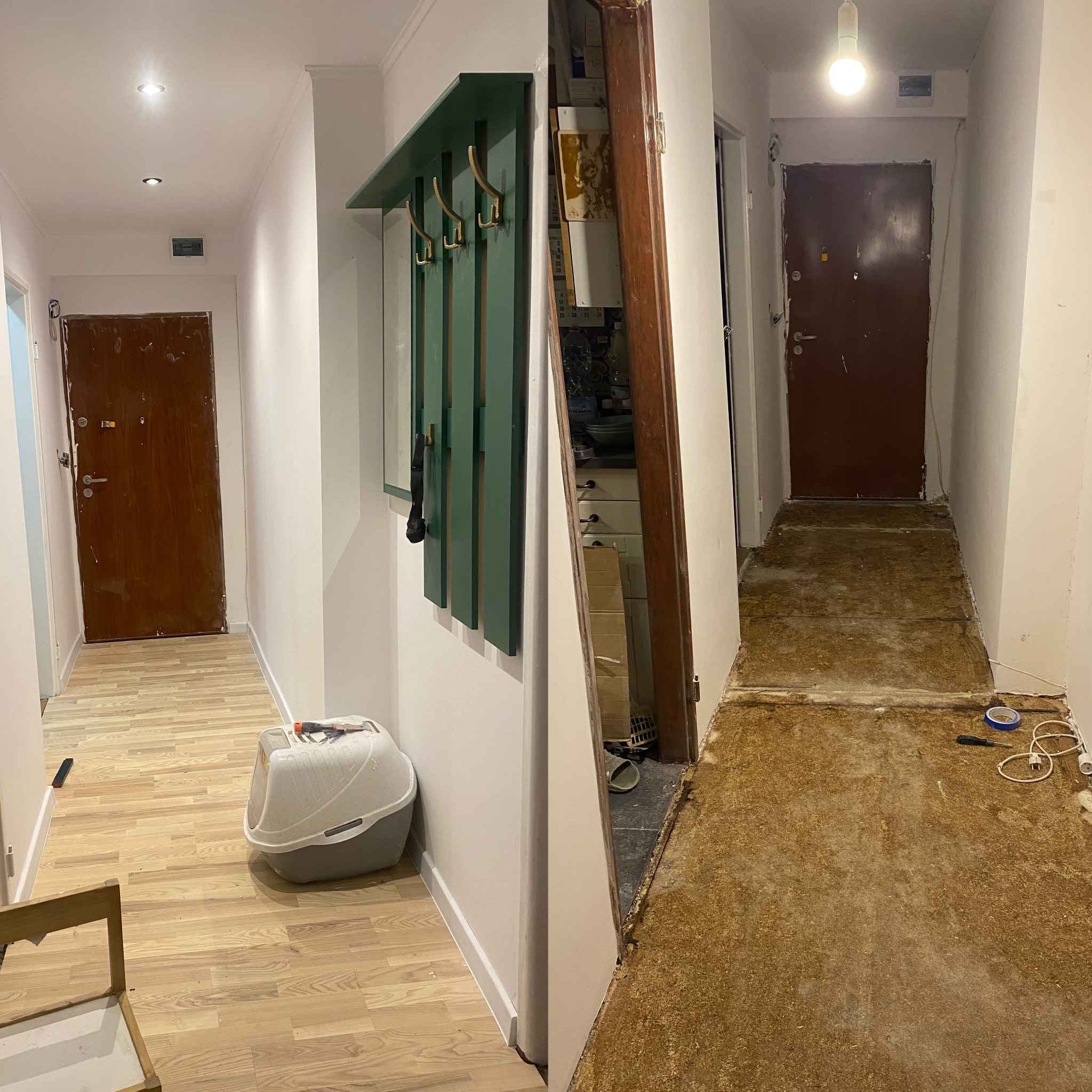 Zdjęcie 'przed i po' prezentujące odnowione wnętrze korytarza z nową podłogą. Po lewej efekt końcowy, po prawej stan przed remontem. Widoczny fragment szafki na buty.