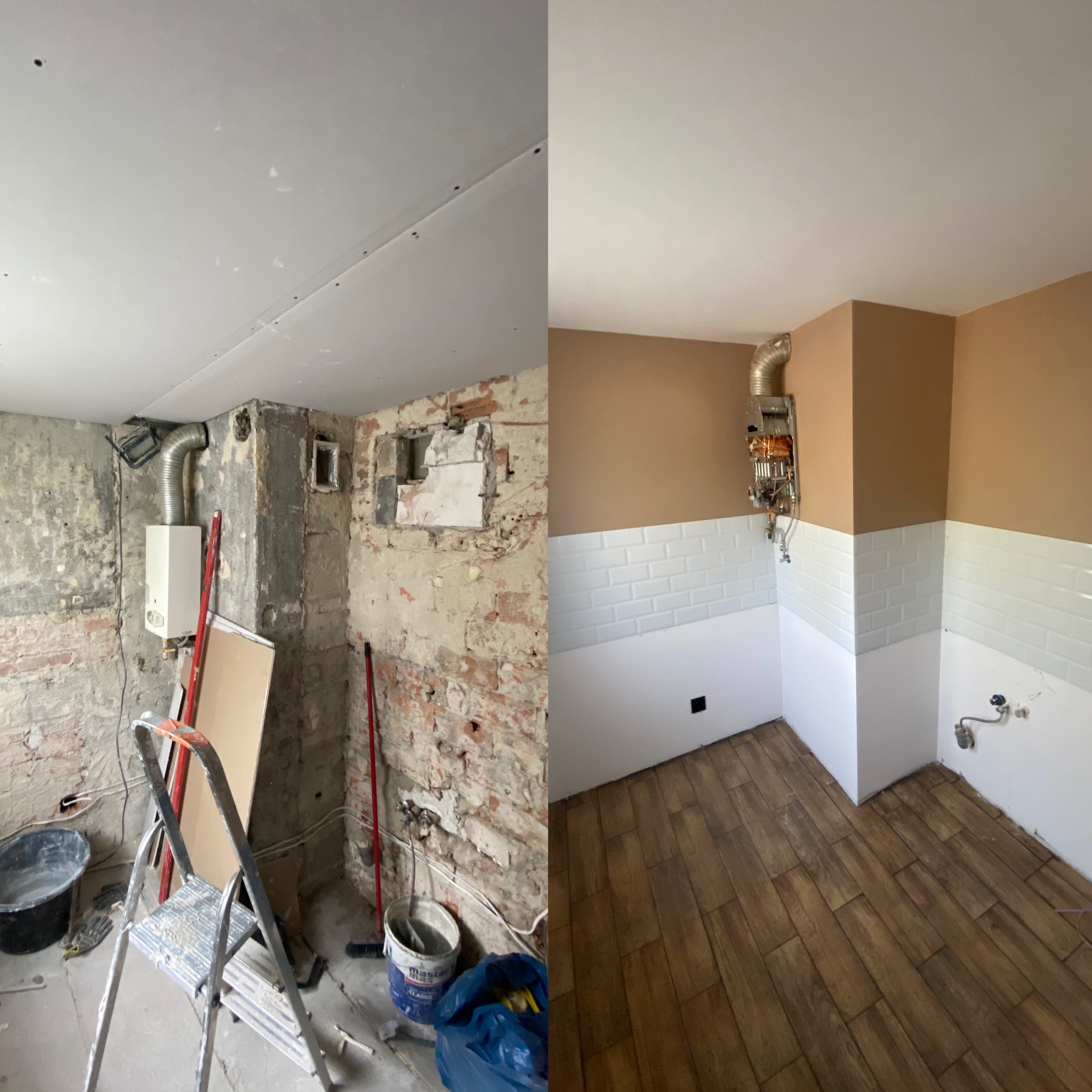 Zdjęcie 'przed i po' remontu kuchni: od surowych ścian z instalacjami do wykończonego wnętrza z płytkami, panelami i pomalowanymi ścianami w ciepłych barwach.