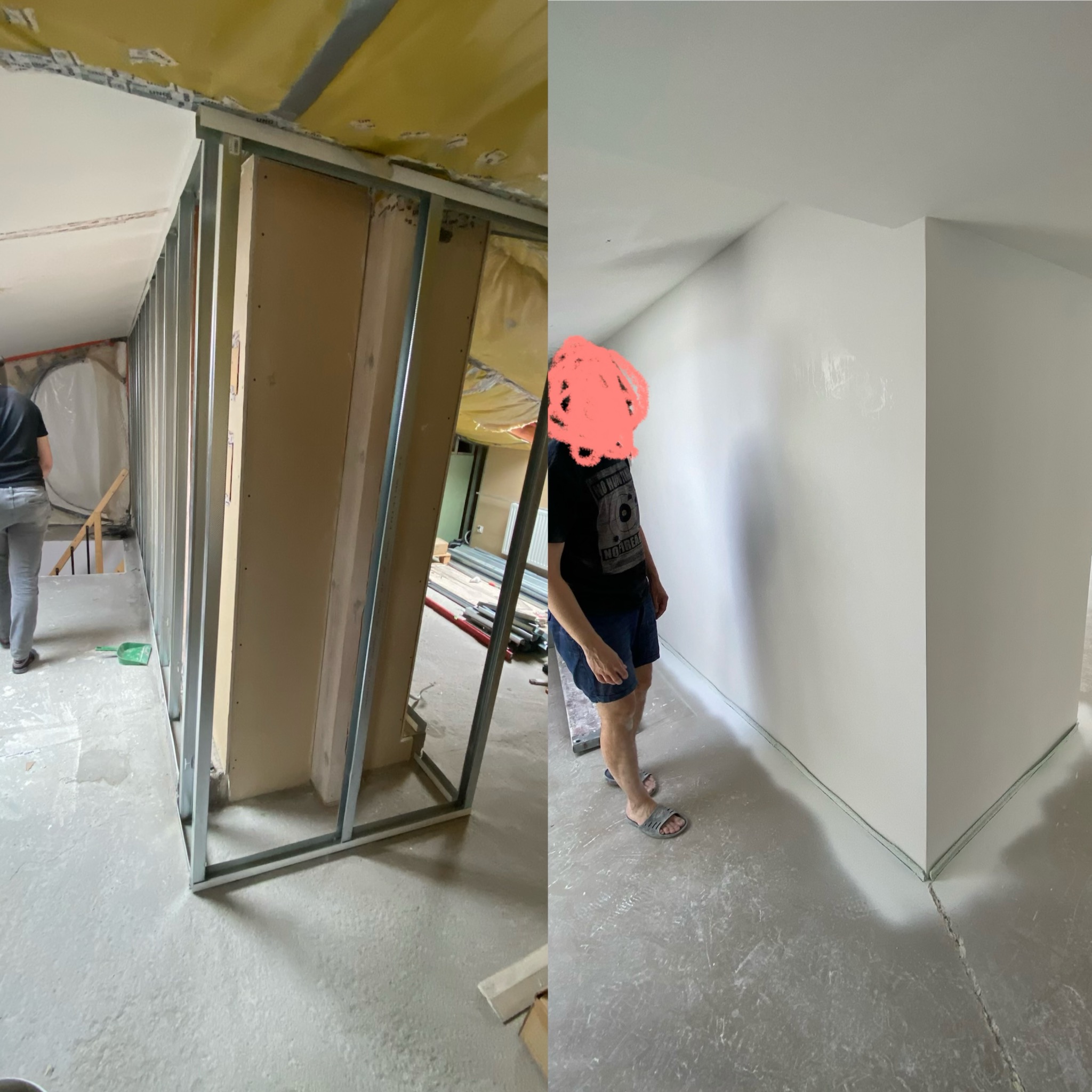 Remont pokoju: po lewej szkielet ścianki działowej z płyt gips-karton, po prawej pomalowana na biało ściana. Widoczne ślady po remoncie na podłodze.