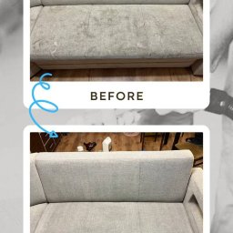 Clean and Clear - Porównanie stanu kanapy przed i po czyszczeniu: widoczne plamy i zabrudzenia na górnym ujęciu, a na dolnym kanapa czysta, bez śladów zabrudzeń.