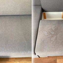 Clean and Clear - Porównanie fragmentu szarej kanapy przed i po czyszczeniu; widoczne plamy na tapicerce przed zabiegiem, po czyszczeniu tapicerka jednolita.