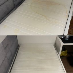 Clean and Clear - Zdjęcie 'przed i po' przedstawiające materac z widocznymi plamami przed czyszczeniem i czysty materac po usunięciu zabrudzeń.