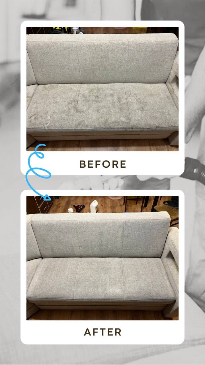 Porównanie stanu kanapy przed i po czyszczeniu: widoczne plamy i zabrudzenia na górnym ujęciu, a na dolnym kanapa czysta, bez śladów zabrudzeń.