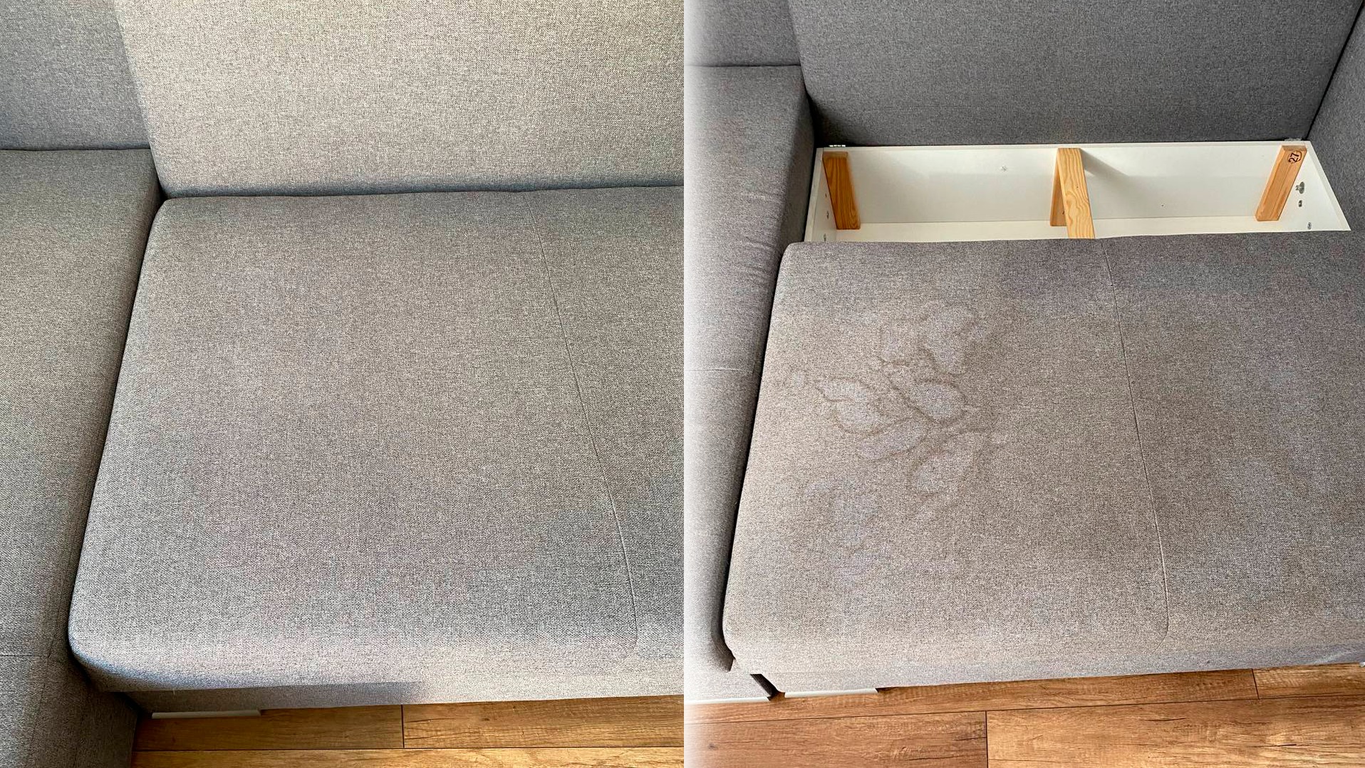 Porównanie fragmentu szarej kanapy przed i po czyszczeniu; widoczne plamy na tapicerce przed zabiegiem, po czyszczeniu tapicerka jednolita.