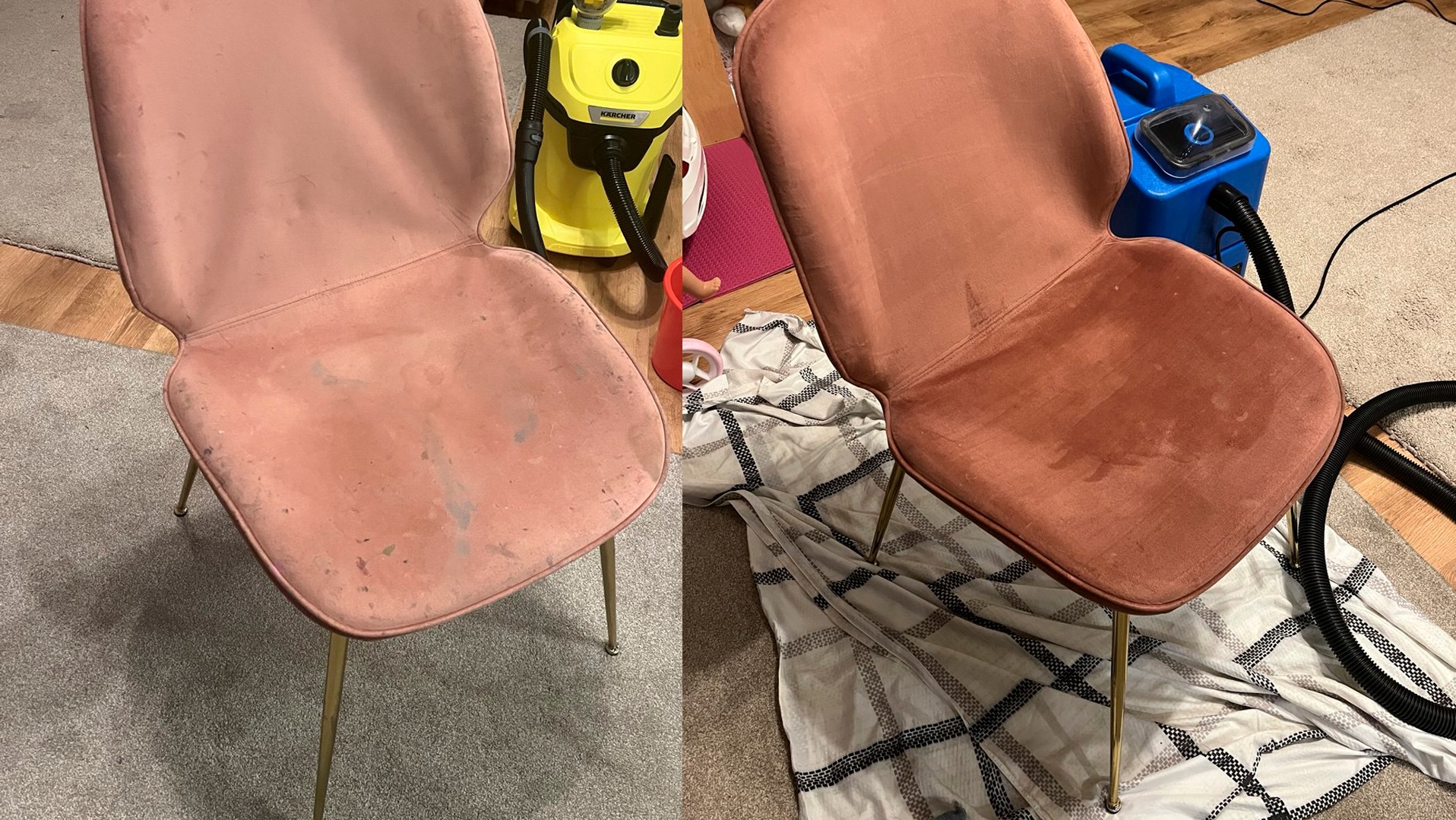 Porównanie krzesła tapicerowanego przed i po czyszczeniu; po lewej stronie widoczne zabrudzenia, po prawej świeżo wyczyszczone, obok żółty odkurzacz piorący Karcher i niebieski odkurzacz piorący.
