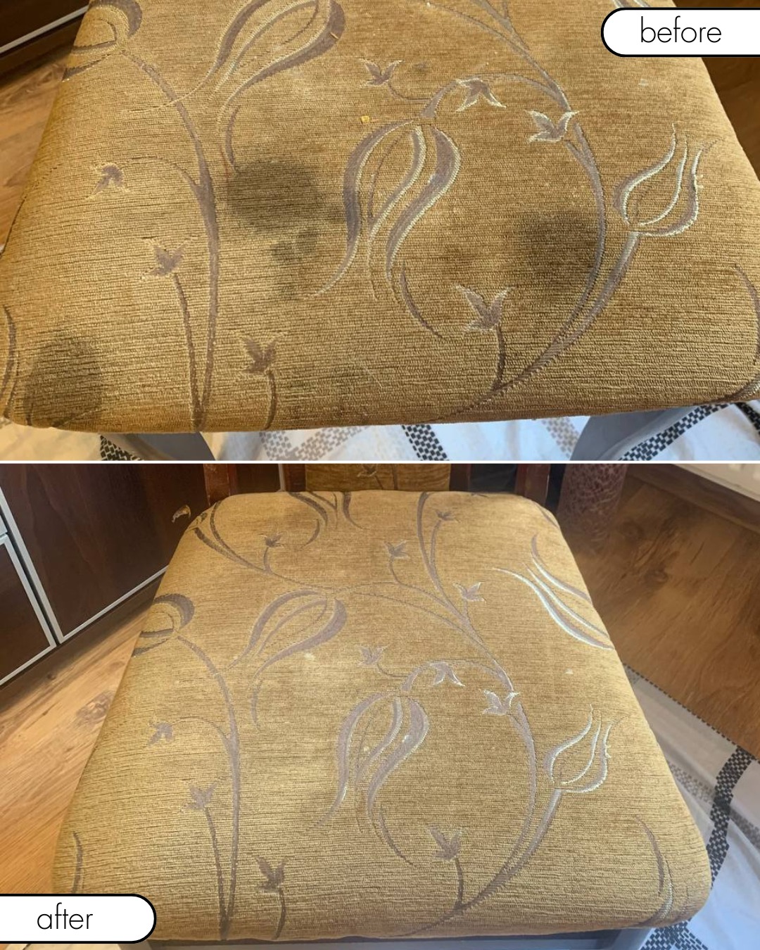 Krzesło tapicerowane z beżową tkaniną w kwiatowe wzory, widok z góry przed i po czyszczeniu, z wyraźną plamą na górnym zdjęciu i czystą powierzchnią na dolnym.