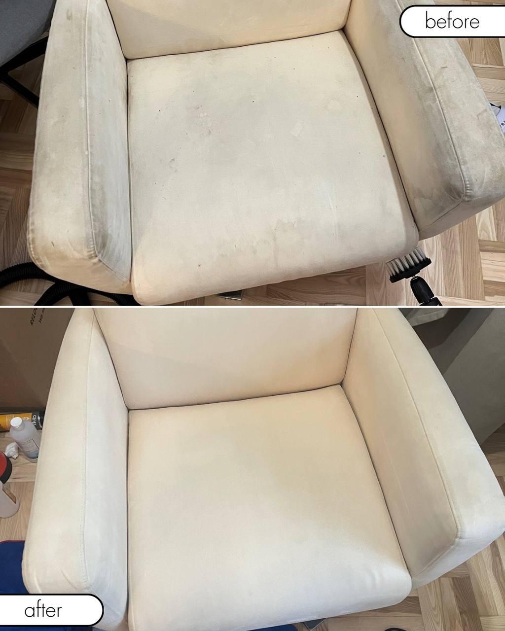 Kremowy fotel tapicerowany: widok z góry przed i po czyszczeniu. Górna część pokazuje zabrudzenia na siedzisku i podłokietnikach, dolna część prezentuje fotel po usunięciu plam.