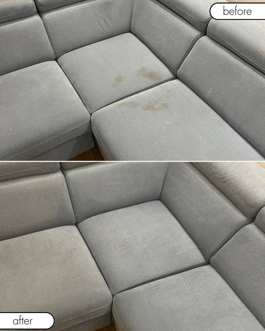 Zdjęcie przedstawia dwuczęściowe porównanie kanapy narożnej w odcieniach szarości: górna część pokazuje zabrudzenia na siedzisku z napisem 'before', dolna część prezentuje kanapę po czyszczeniu...