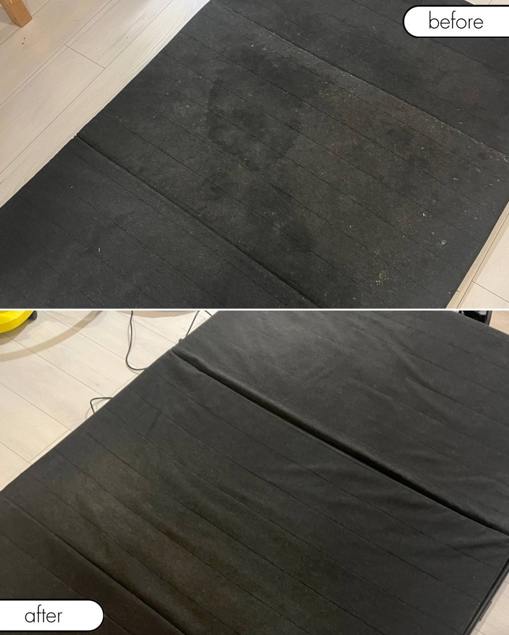 Czarne składane łóżko/materac z widoczną różnicą przed i po czyszczeniu. Górna część zdjęcia pokazuje zabrudzenia i plamy, dolna prezentuje odświeżony wygląd po usunięciu zabrudzeń.