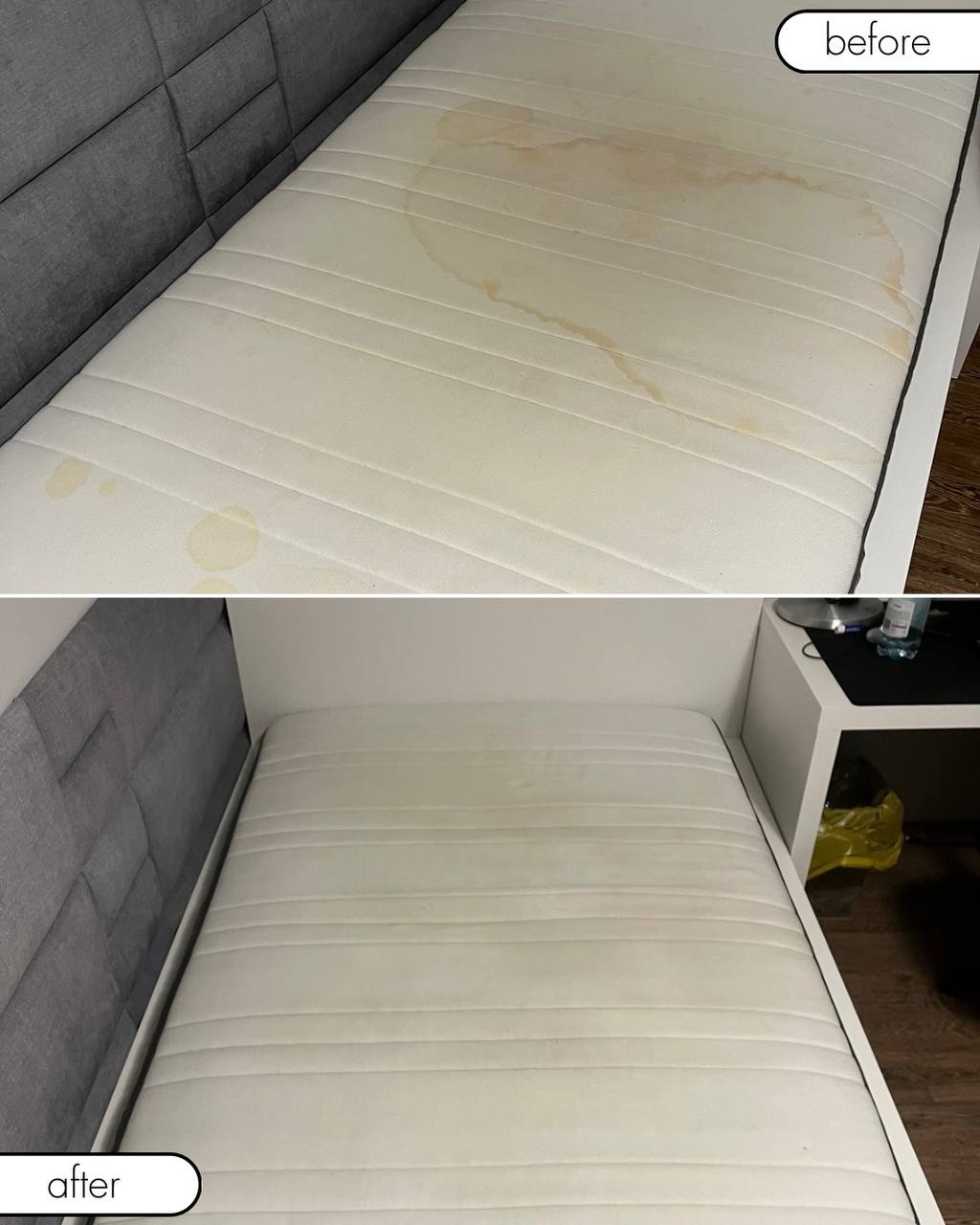 Zdjęcie 'przed i po' przedstawiające materac z widocznymi plamami przed czyszczeniem i czysty materac po usunięciu zabrudzeń.