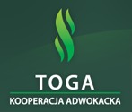 Logo kancelarii prawnej TOGA Kooperacja Adwokacka na zielonym tle z symbolem stylizowanego płomienia.