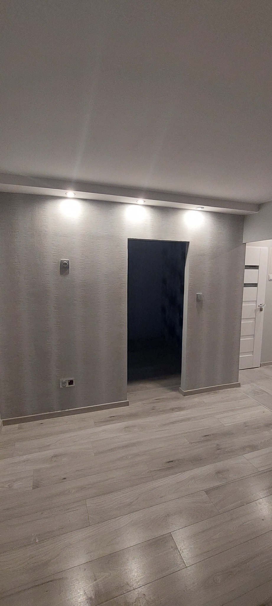 Wnętrze pokoju po remoncie: świeżo pomalowane ściany w odcieniach szarości z delikatną fakturą, jasna podłoga z paneli imitujących drewno, zamontowane oświetlenie punktowe w suficie podwieszanym...