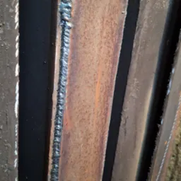 Spoina na zardzewiałej, metalowej konstrukcji, widoczne ślady korozji i niedoskonałości.