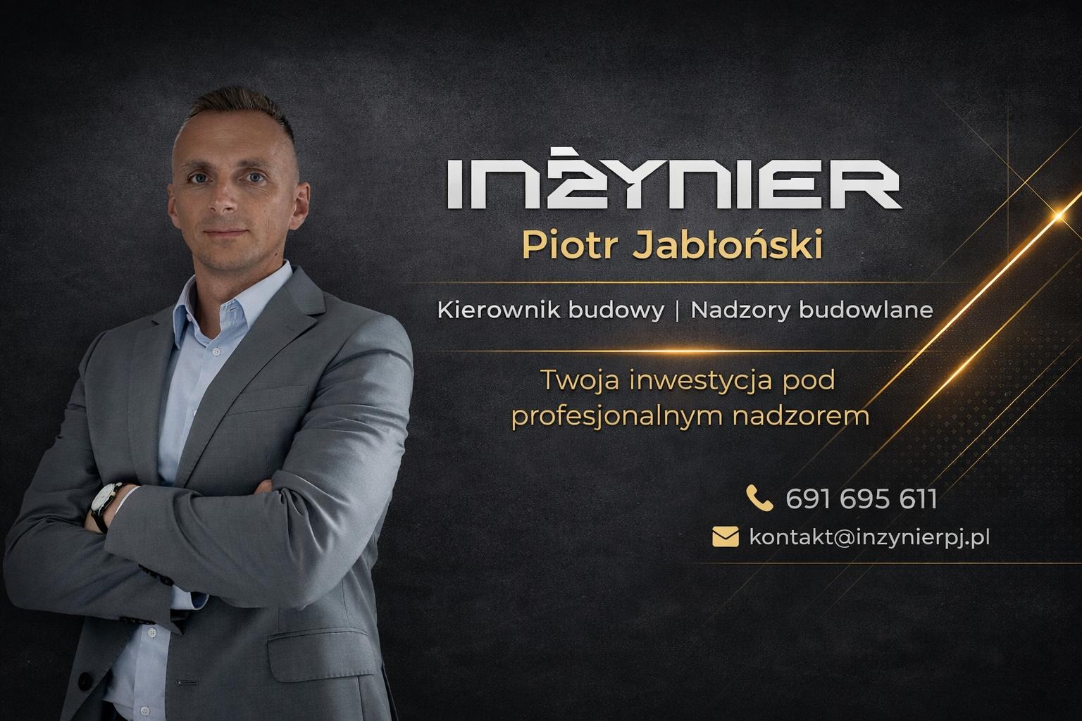 Profesjonalny inżynier Piotr Jabłoński, kierownik budowy i nadzoru, prezentuje się na tle eleganckiego baneru z danymi kontaktowymi i hasłem: Twoja inwestycja pod profesjonalnym nadzorem.