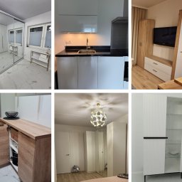 Firma Handlowo-Usługowa NATA Ryszard Kukla - Kompozycja wnętrz: szafa z lustrem, biała kuchnia z czarnym blatem, szafka RTV z drewnianymi akcentami, komoda z otwartymi drzwiczkami i witryna.