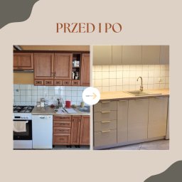 Firma Handlowo-Usługowa NATA Ryszard Kukla - Kolaż 'Przed i Po': metamorfoza kuchni z ciemnych, drewnianych szafek na jasne, nowoczesne fronty z subtelnymi, złotymi uchwytami. Zmiana stylu i kolorystyki.