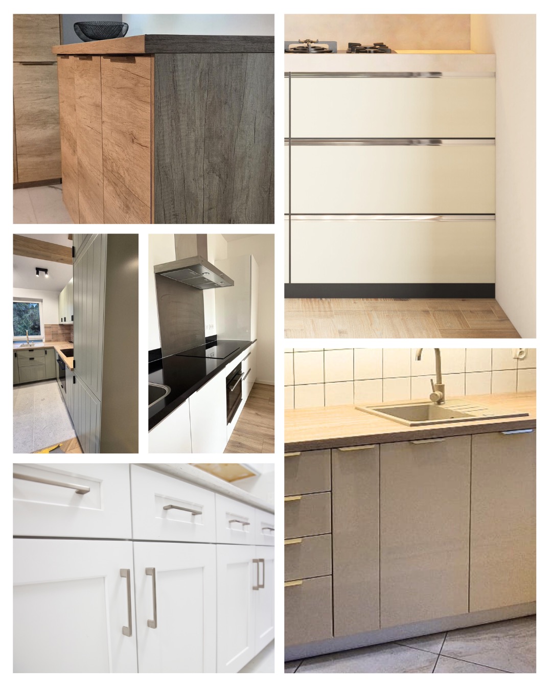 Kompilacja zdjęć prezentująca różnorodne style i wykończenia nowoczesnych szafek kuchennych, od drewnopodobnych po lakierowane na wysoki połysk, z różnymi rodzajami uchwytów.