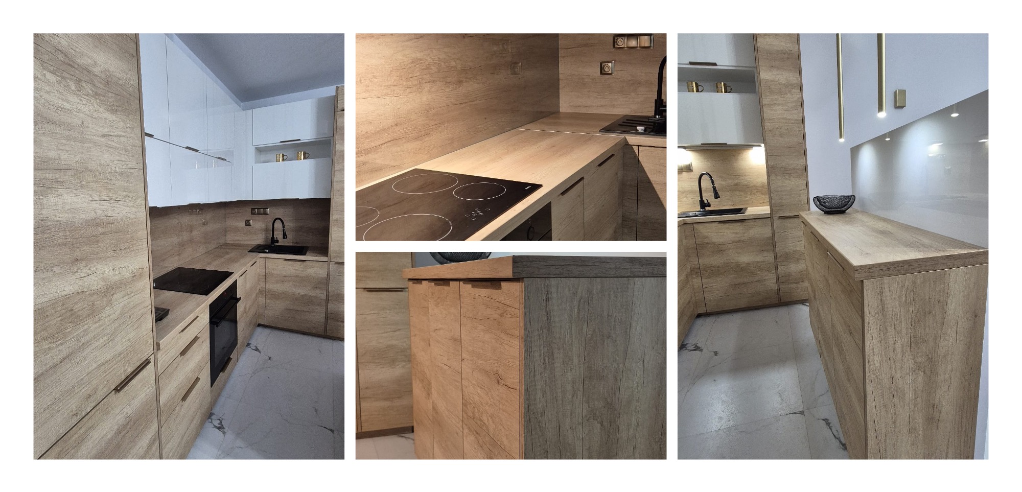 Nowoczesna kuchnia z drewnianymi frontami i białymi szafkami wiszącymi, czarny zlew i płyta indukcyjna. Ujęcie z różnych perspektyw, prezentujące detale wykończenia.