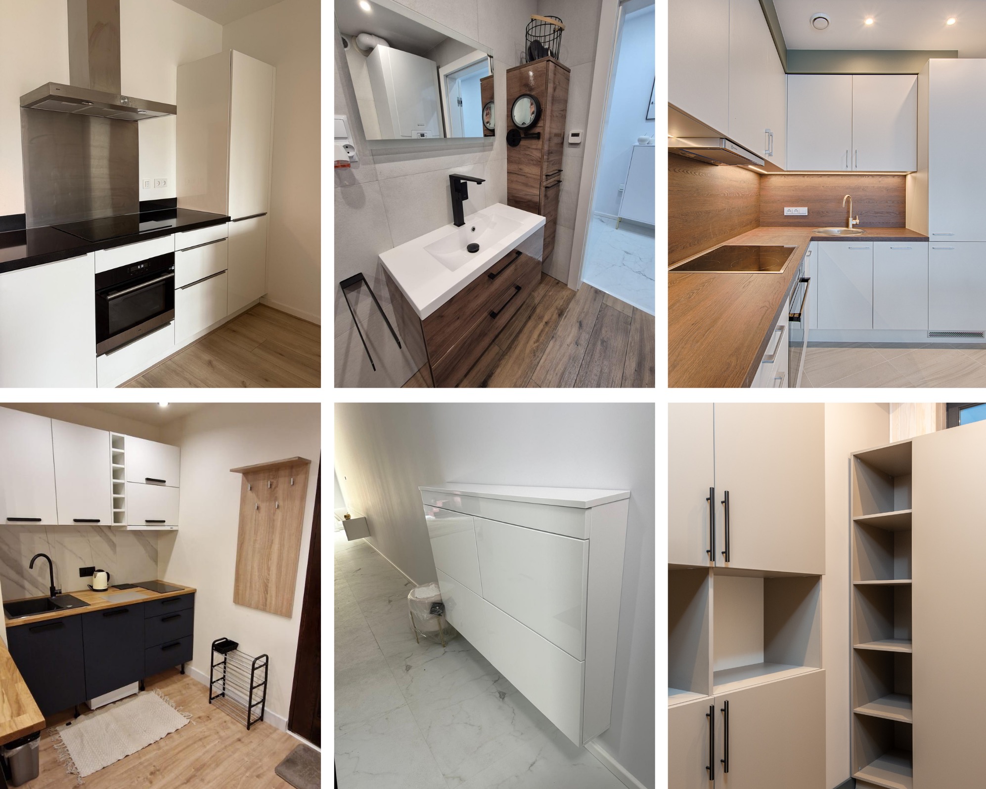 Zestawienie aranżacji wnętrz: kuchnie z zabudową, łazienka z szafką pod umywalką i szafa wnękowa. Realizacje z Bielsko-Białej.