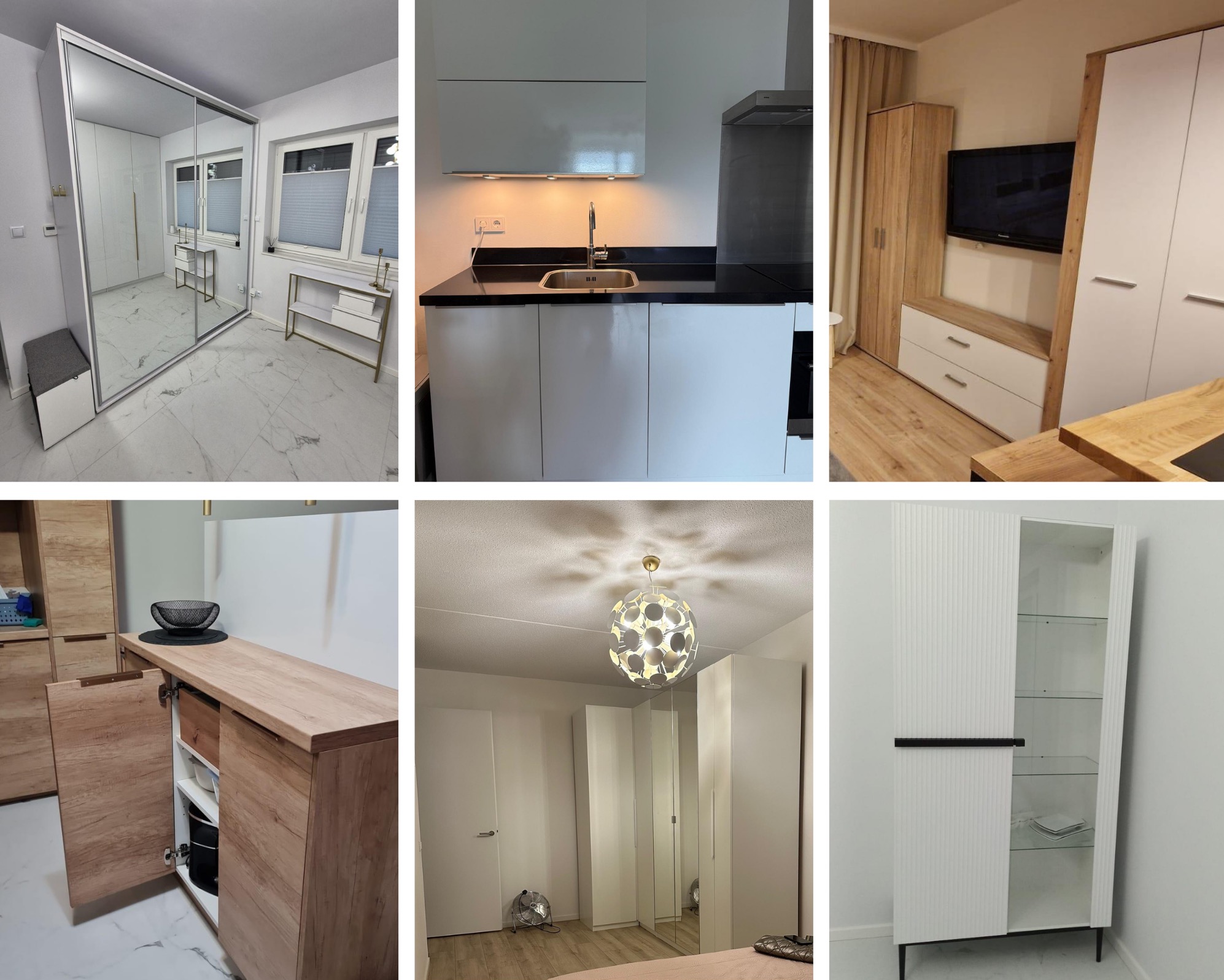 Kompozycja wnętrz: szafa z lustrem, biała kuchnia z czarnym blatem, szafka RTV z drewnianymi akcentami, komoda z otwartymi drzwiczkami i witryna.