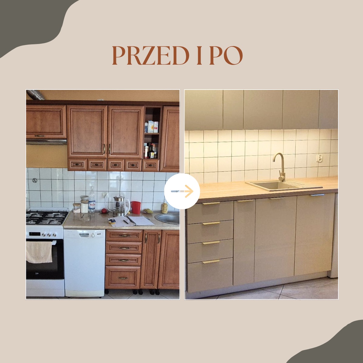Kolaż 'Przed i Po': metamorfoza kuchni z ciemnych, drewnianych szafek na jasne, nowoczesne fronty z subtelnymi, złotymi uchwytami. Zmiana stylu i kolorystyki.