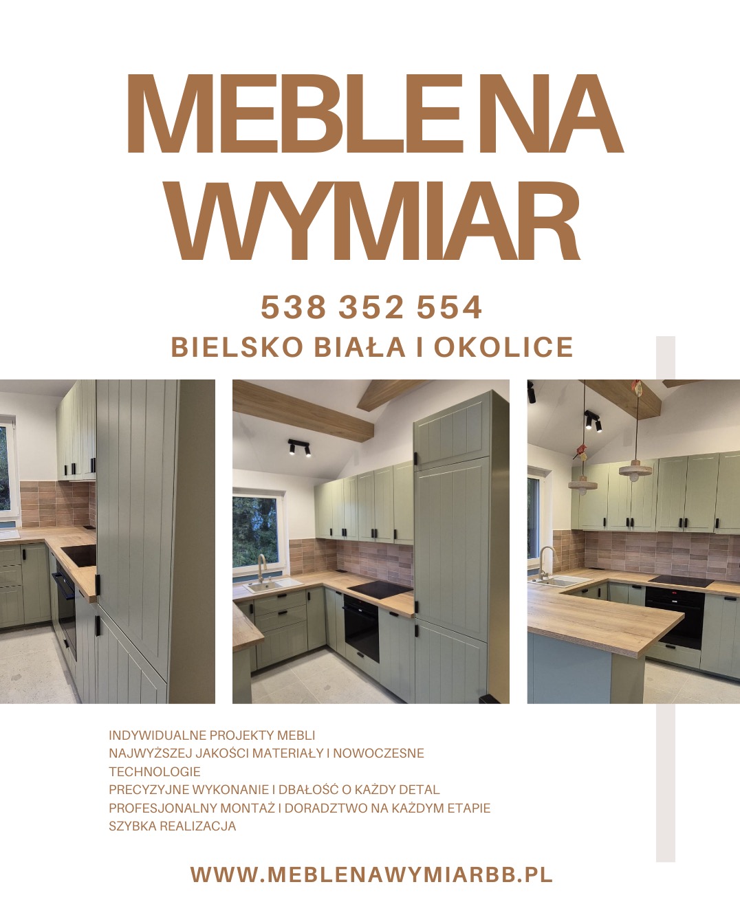 Jasnozielona kuchnia na wymiar z drewnianym blatem i czarnymi uchwytami, prezentowana w trzech ujęciach. Na górze nazwa firmy i numer telefonu.