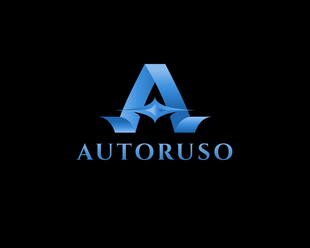 Eleganckie logo 'Autoruso' w odcieniach błękitu na czarnym tle. Stylizowana litera A z motywem gwiazdy. Nowoczesny design.
