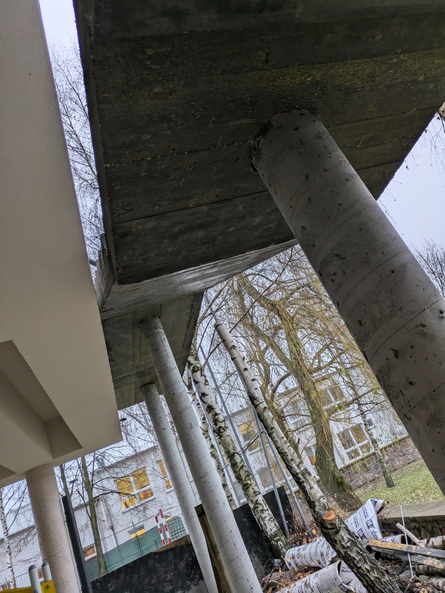 Surowa betonowa konstrukcja stropu wsparta na okrągłych filarach, widok z dołu w kierunku nagich drzew i budynku w tle.