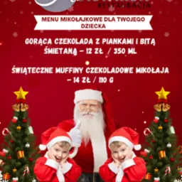 Grafika reklamowa restauracji Herbarium z menu mikołajkowym dla dzieci: gorąca czekolada z piankami i bitą śmietaną (12 zł/350 ml) oraz świąteczne muffiny czekoladowe Mikołaja (14 zł/110 g),...