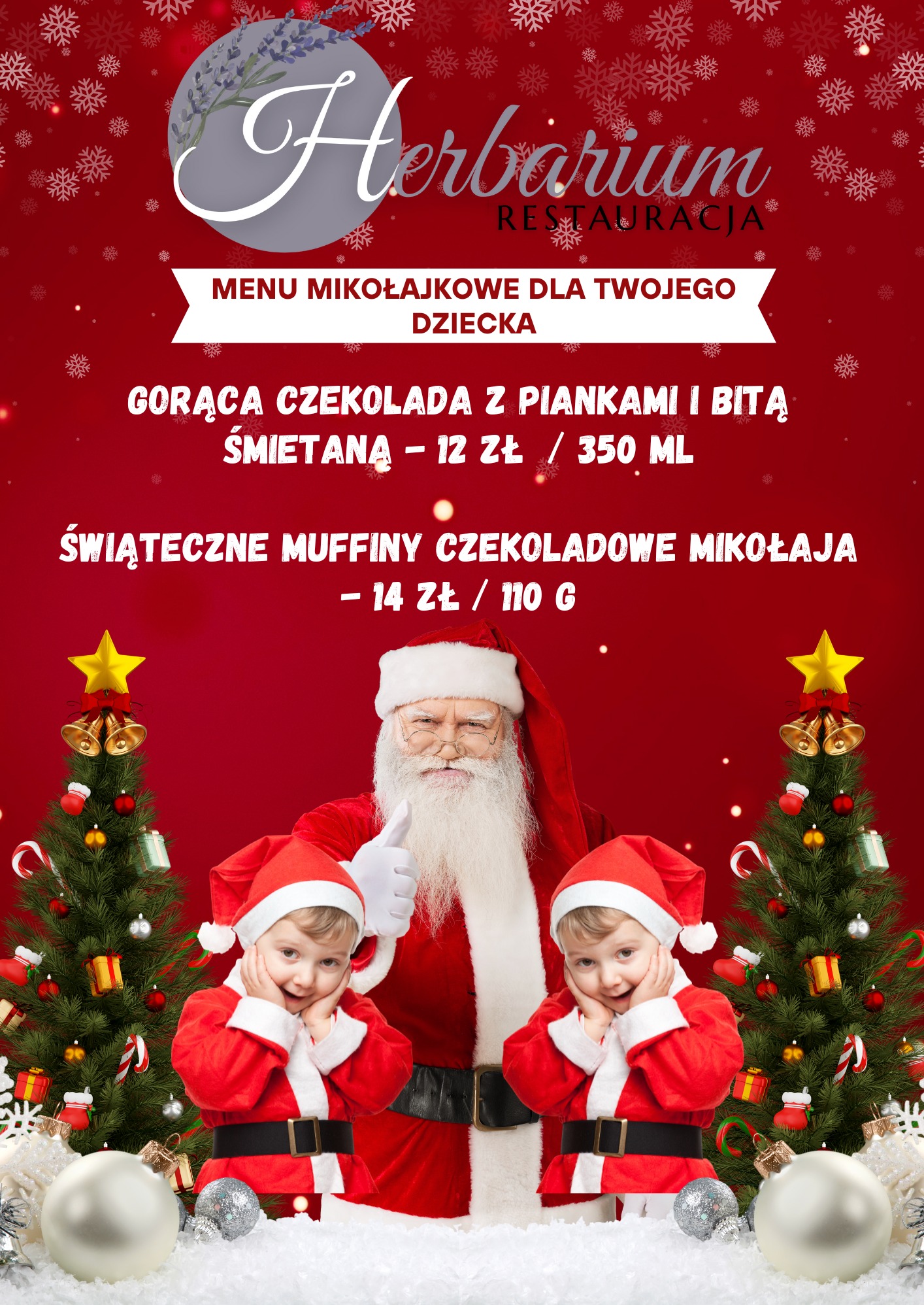 Grafika reklamowa restauracji Herbarium z menu mikołajkowym dla dzieci: gorąca czekolada z piankami i bitą śmietaną (12 zł/350 ml) oraz świąteczne muffiny czekoladowe Mikołaja (14 zł/110 g),...
