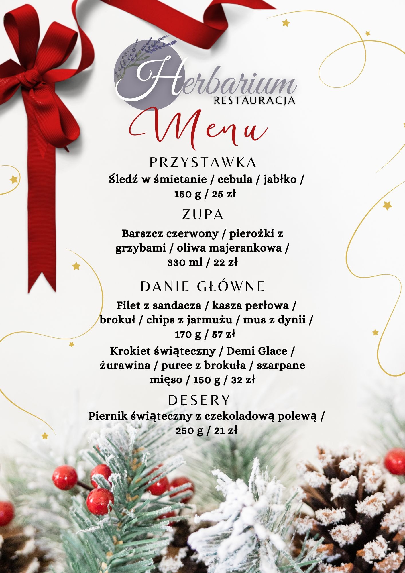 Eleganckie menu restauracji Herbarium z ofertą świąteczną, zawierające dania takie jak śledź w śmietanie, barszcz czerwony z grzybami, filet z sandacza i piernik świąteczny z czekoladą, ozdobione...