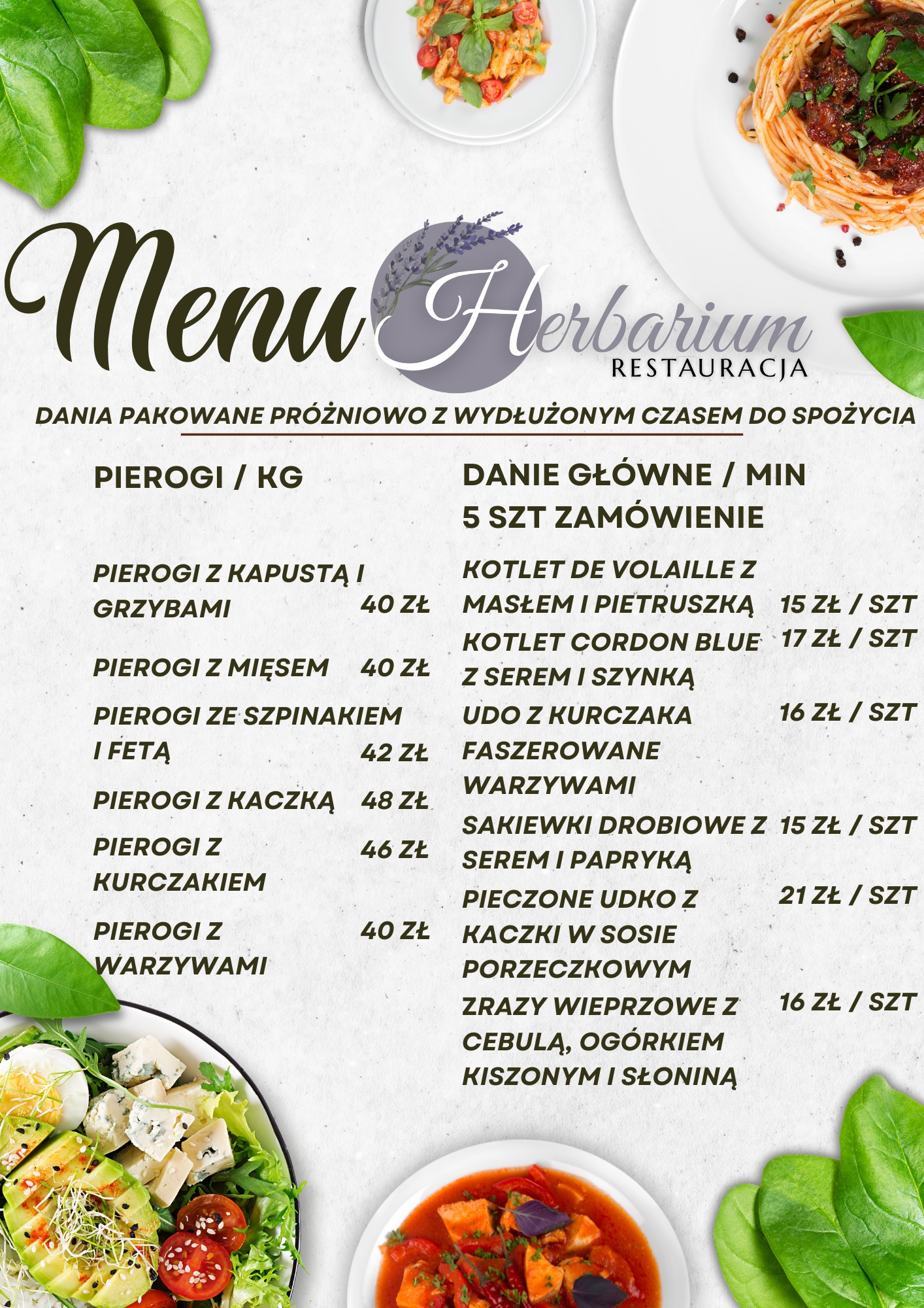Menu restauracji Herbarium z listą dań, w tym pierogi z różnymi nadzieniami oraz dania główne takie jak kotlet de volaille i pieczone udko z kaczki, wraz z cenami.
