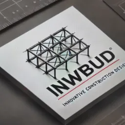 Logo firmy INWBUD z graficzną reprezentacją konstrukcji stalowej na białym tle, leżące na szarym podłożu z fragmentami rysunków technicznych i miarki.