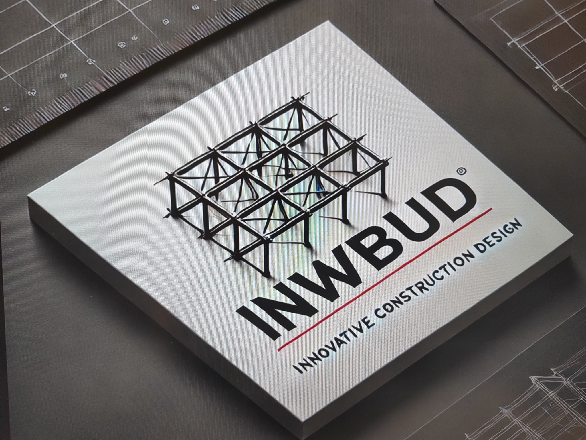 Logo firmy INWBUD z graficzną reprezentacją konstrukcji stalowej na białym tle, leżące na szarym podłożu z fragmentami rysunków technicznych i miarki.