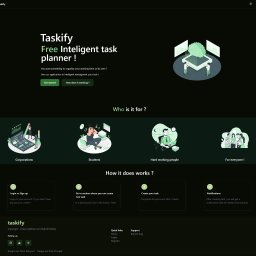 Karkonosze Kreatywni - Ilustracja strony internetowej aplikacji Taskify do zarządzania czasem, przedstawiająca elementy interfejsu użytkownika, takie jak przyciski 'Get started' i 'How does it working?', oraz ikony...