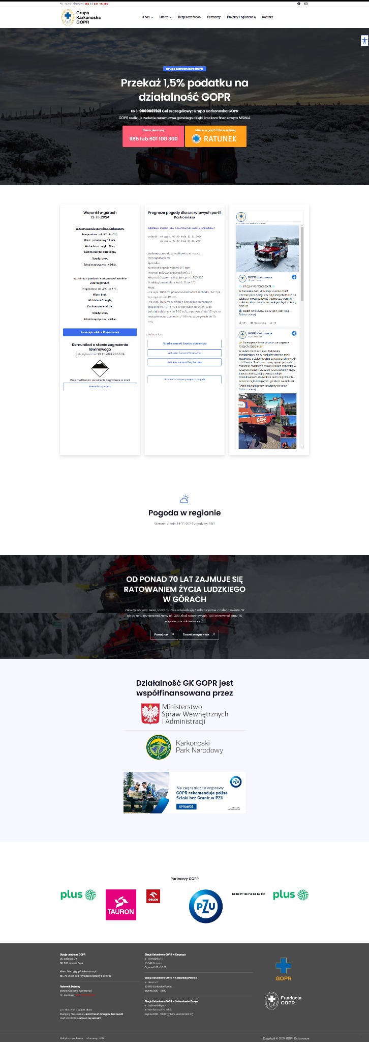 Strona internetowa Grupy Karkonoskiej GOPR z Jeleniej Góry, prezentująca informacje o działalności ratowniczej, pogodzie w górach oraz możliwości przekazania 1,5% podatku.