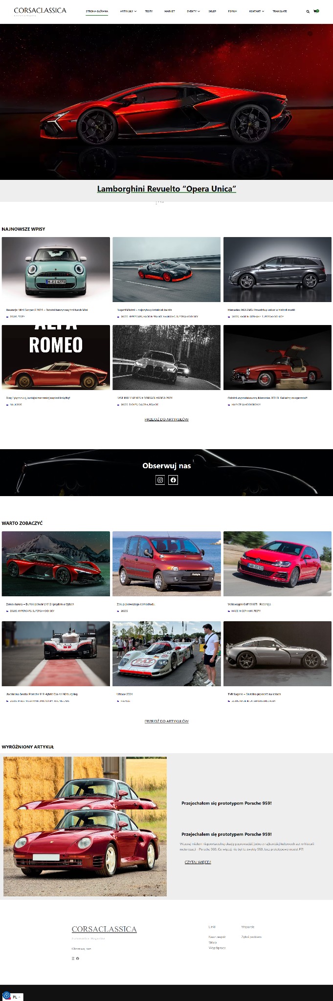 Strona internetowa bloga motoryzacyjnego corsaclassica.com z nagłówkiem, menu i zdjęciem czerwonego Lamborghini Revuelto Opera Unica na czarnym tle.