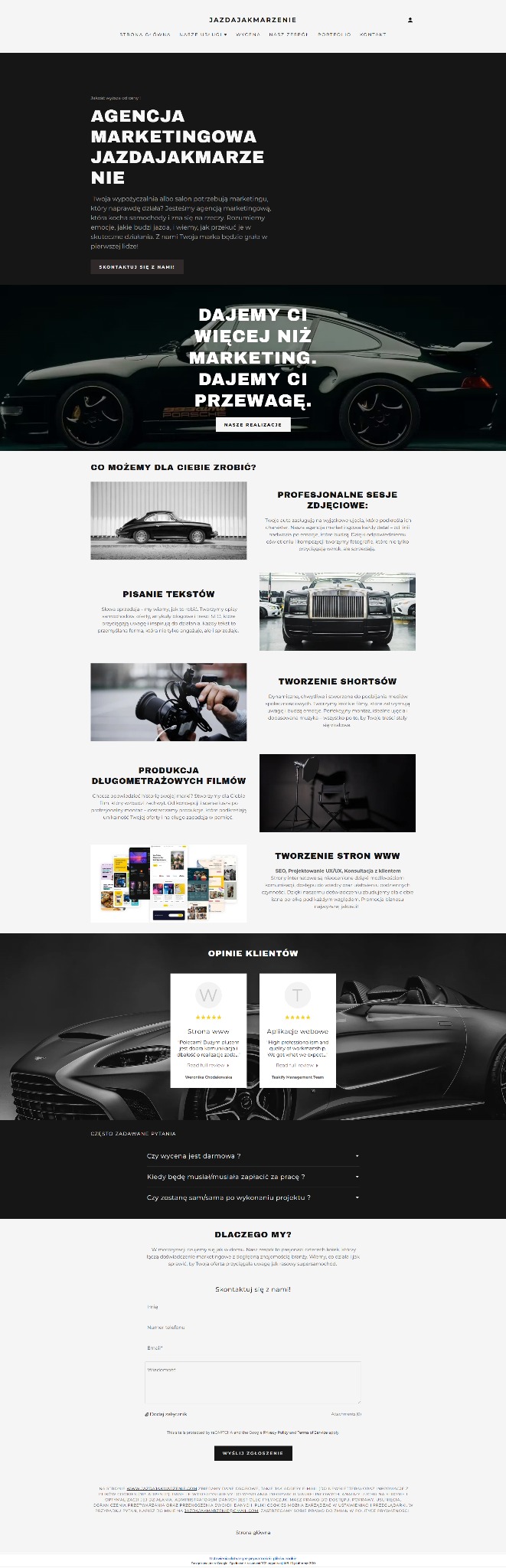 Strona internetowa agencji marketingowej JazdaJakMarzenie.com z czarnym sportowym samochodem w tle, prezentująca ofertę firmy, w tym pisanie tekstów, produkcję filmów, profesjonalne sesje zdjęciowe...