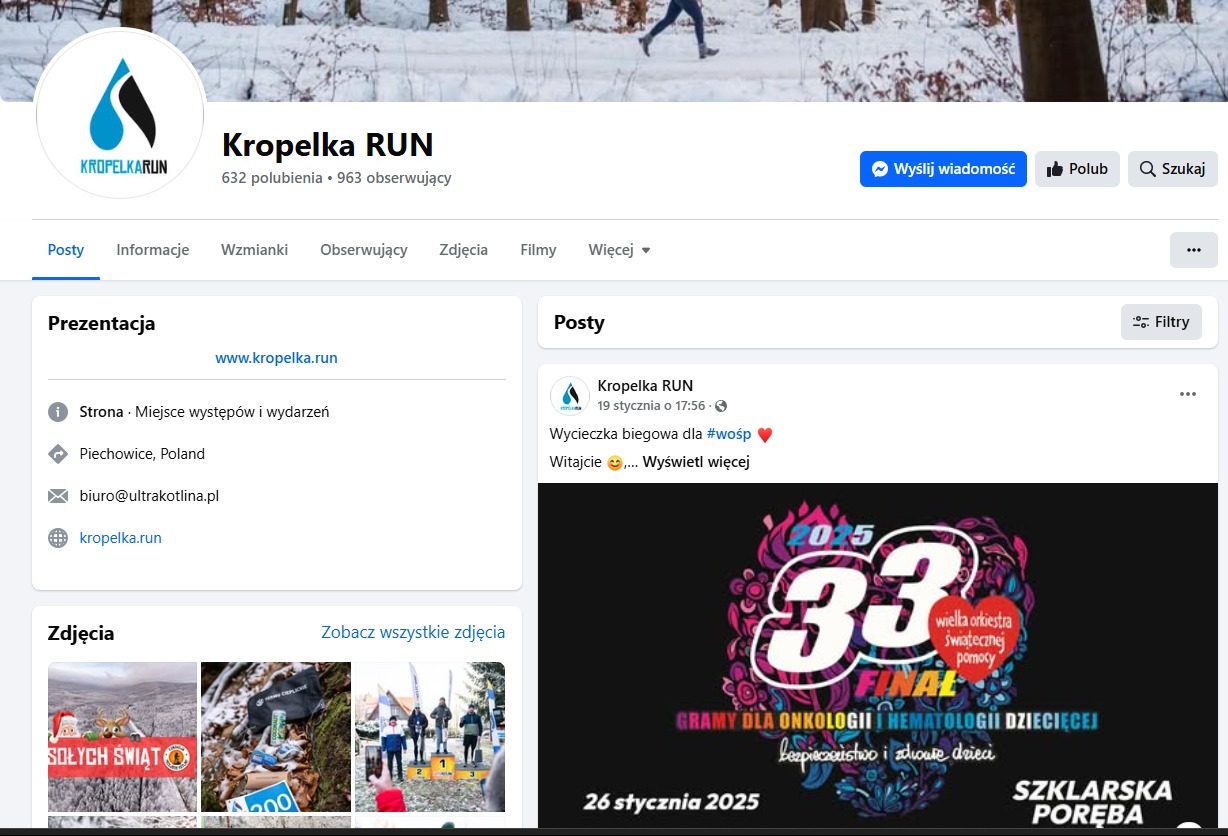 Zrzut ekranu strony profilu Kropelka Run na Facebooku, prezentujący logo firmy, informacje kontaktowe oraz posty dotyczące organizacji biegów i wydarzeń sportowych, w tym biegów charytatywnych...