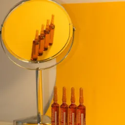 Cztery ampułki z płynem stojące na żółto-białym tle, odbicie w okrągłym lustrze ukazuje ich rząd w oddali.