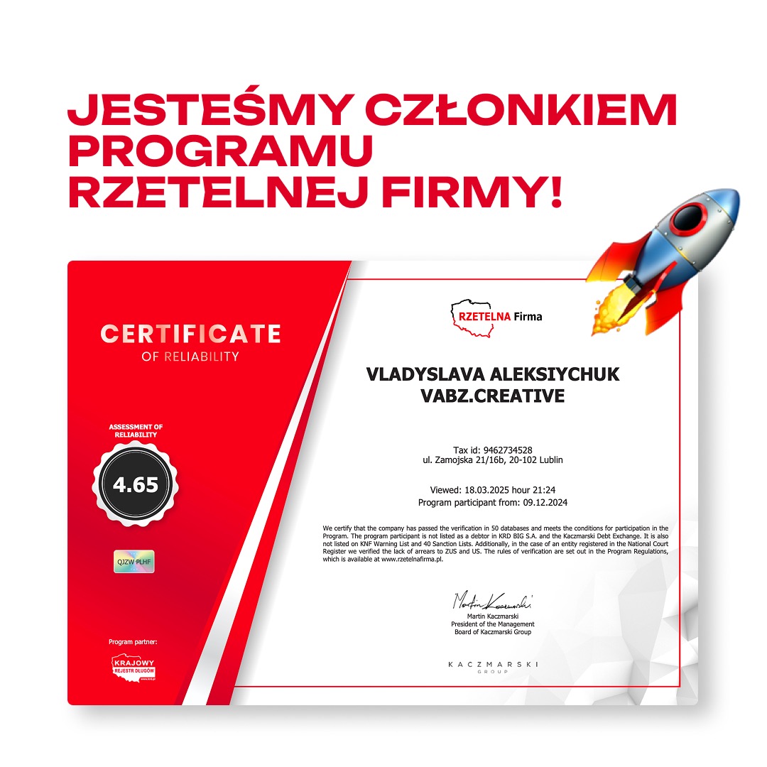 Certyfikat Rzetelnej Firmy dla Vladyslavy Aleksiychuk VABZ.CREATIVE, z oceną wiarygodności 4.65, ozdobiony animowaną rakietą.