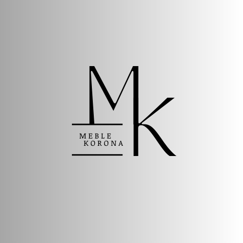 Minimalistyczne logo firmy meblarskiej: litery MK z napisem 'MEBLE KORONA' na szarym tle.