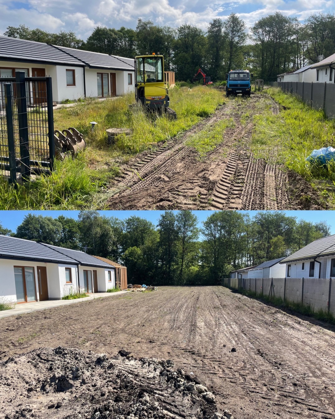 Dwa ujęcia tego samego terenu przed i po wyrównaniu: widoczny żółty mini-koparka Yanmar, ciężarówka i świeżo wyrównana, ubita ziemia obok szeregu domów.
