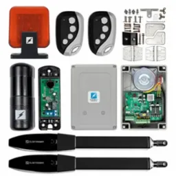 Kompletny zestaw automatyki do bramy wjazdowej marki Elektrobim, zawierający siłowniki, centralę sterującą, lampę ostrzegawczą, fotokomórki, piloty i akcesoria montażowe, widoczne elementy...