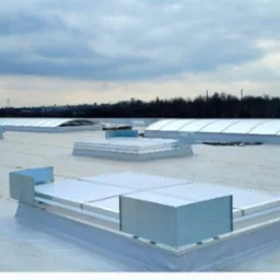 Płaski dach pokryty białą membraną z zainstalowanymi świetlikami dachowymi o różnych kształtach, w tle drzewa i pochmurne niebo.