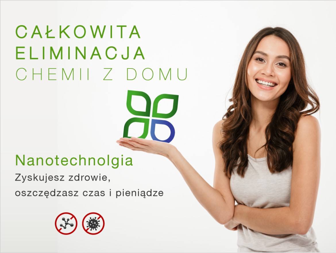Uśmiechnięta kobieta prezentuje na dłoni logo firmy oferującej całkowitą eliminację chemii z domu dzięki nanotechnologii.