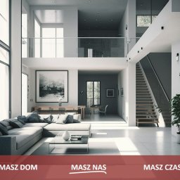 Time2Home Management - zarządzanie nieruchomościami na wynajem - Przestronne, jasne wnętrze domu z wysokim sufitem, widoczne schody, duży narożnik i okna sięgające od podłogi do sufitu, minimalistyczny wystrój.