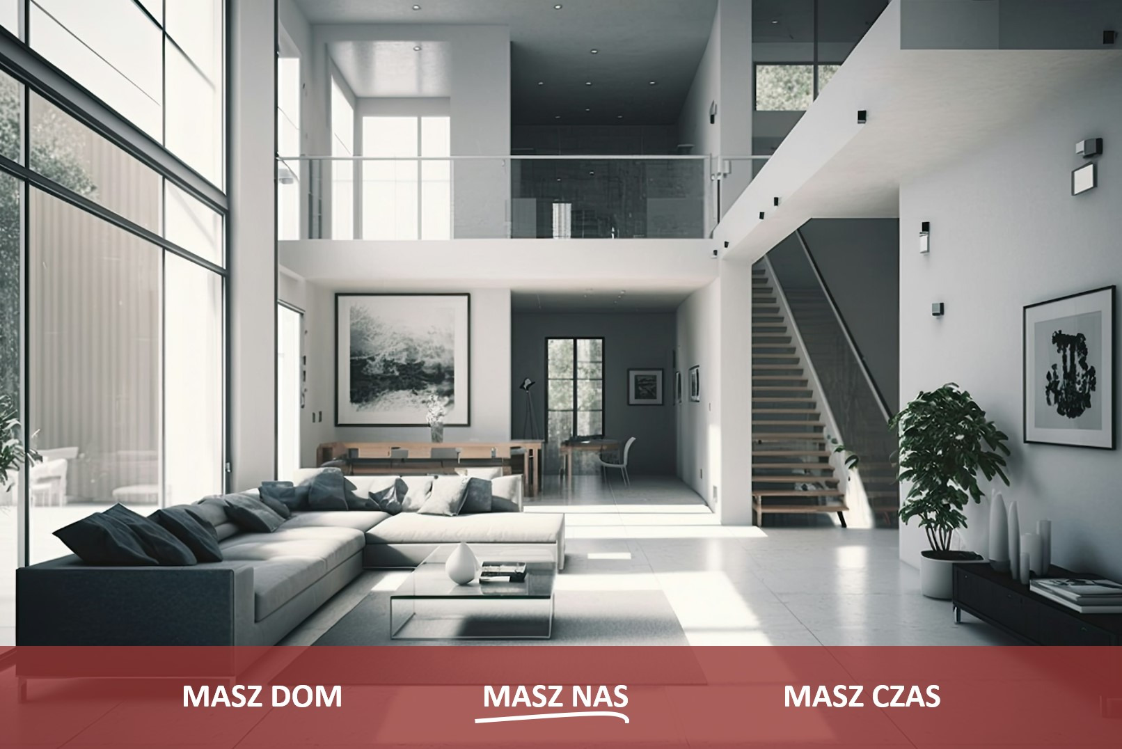 Przestronne, jasne wnętrze domu z wysokim sufitem, widoczne schody, duży narożnik i okna sięgające od podłogi do sufitu, minimalistyczny wystrój.